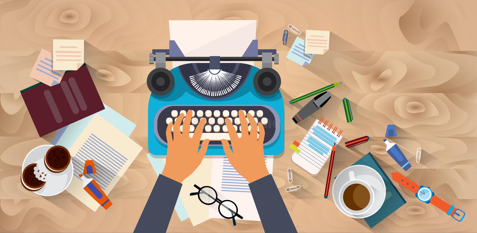 hands-typing-text-writer-author-blog-typewrite-wooden-texture-desk-top-angle-view-flat-vector-illustration-67933707